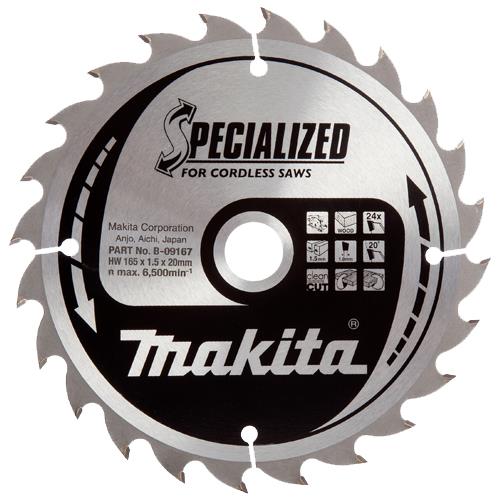 Makita B-09167 TCT Cordless Saw Blade for Wood 165mm x 20mm 24T